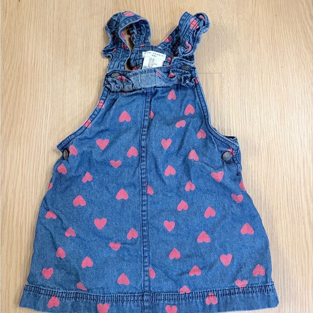 Max Studio Blue Denim Pinafore Dress with Pink Heart Print